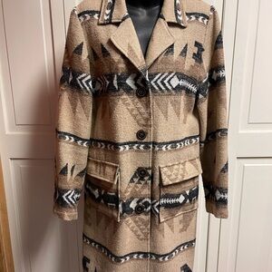 Justice Tan and Black Pea Coat with Southwestern Pattern